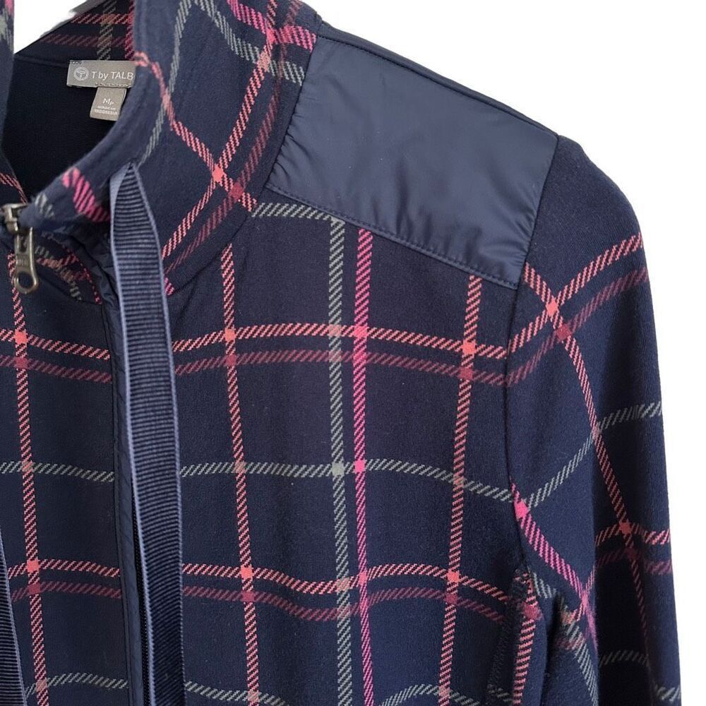 T by Talbots Navy Blue Tattersall Plaid Knit Zip Jacket Size Medium Petite - Picture 6 of 8